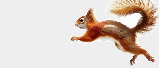 a squirrel is flying through the air with its tail in the air and it's face slightly obscured by the tail of the squirrel's tail.
