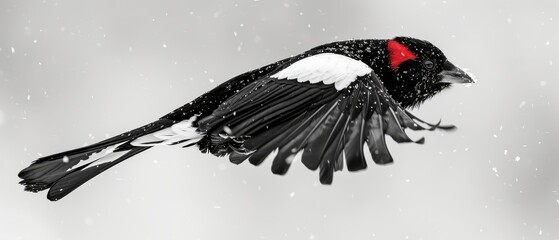 a black and white bird with a red beak is flying through the air with snow falling down on the ground.