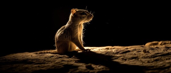 a small rodent sitting on top of a sandy ground in the dark with its head turned to the side.