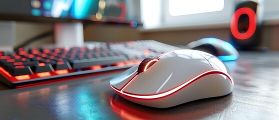a close up of a computer mouse on a desk with a keyboard and mouse pad in front of a monitor.