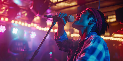 Enthusiastic Karaoke Night under Vibrant Lights