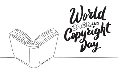 World Book and Copyright Day text banner with line art open book. Hand drawn vector art