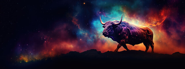 Astrology sign Taurus. Zodiac constellation with shiny stars, space, nebulae. Sign of the zodiac Taurus. Constellation