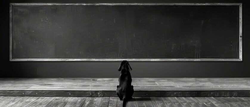 a black and white photo of a person standing in front of a blackboard in a room with wooden floors.