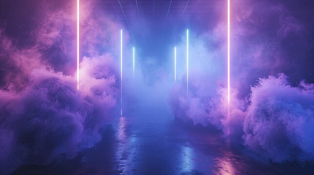 An ethereal studio, with floating smoke and blue/purple lasers, creates a dreamy backdrop for showcasing products.