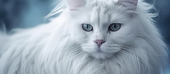 A close-up portrait of a white cat with striking blue eyes and luxurious long hair. The cats fluffy fur adds to its elegant appearance, making it a beautiful sight to behold.