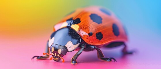 a close up of a ladybug on a pink, blue, yellow, and green background with a multicolored background.