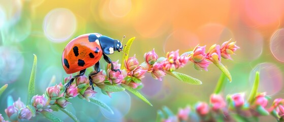 a ladybug sitting on top of a pink flower next to a green and yellow plant with pink flowers.