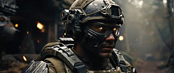 A cyborg soldier fighting in a war zone movie story seen trail cam footage, rear view, wide angle shot, ultra realist, realistic photo, highly detailed - obrazy, fototapety, plakaty