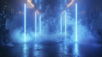 Luminous dark blue backdrop with diagonal neon lights and smoke for dynamic angles.