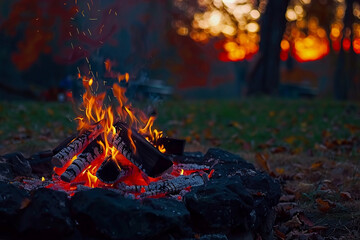 Develop a mottled background that captures the warm, inviting glow of a campfire on a cool autumn night, with oranges, reds, and yellows  - obrazy, fototapety, plakaty