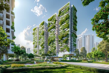 Fototapeta premium Modern Green Architecture, Future Skyscraper Buildings in Gardens, Ecology City, Eco Green Walls