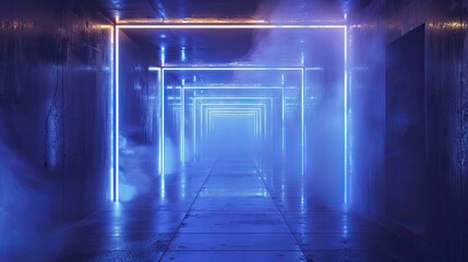 Neon lights in a dark blue corridor with smoke add depth to product presentations.