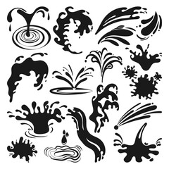 Flying drops. Eighteen black silhouettes of water splashes in cartoon retro style. Vector set