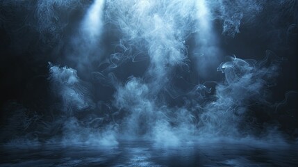 A mysterious display of swirling smoke, spotlight beams, and shadowy dark blue scenes creates an enigmatic ambiance.