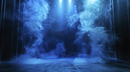 Obraz premium Shadowy dark stage with blue neon glow, smoke rising, setting a mysterious scene.