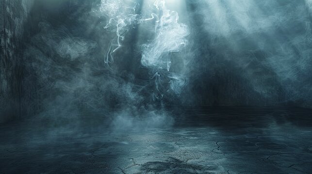 In a shadow-filled dark cement room, rising smoke accentuates product highlights.