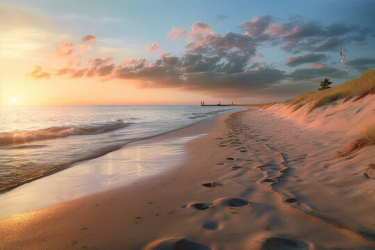 Beautiful sunset beach landscape image of stunning sky and grassy sand dunes