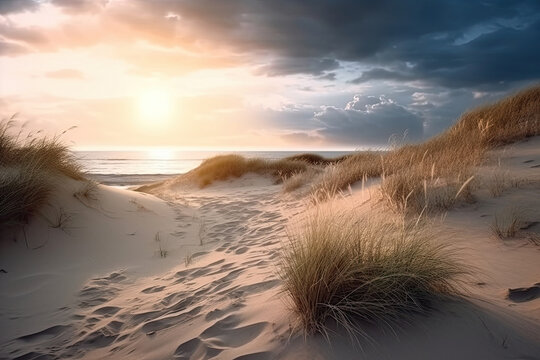 Beautiful sunset beach landscape image of stunning sky and grassy sand dunes
