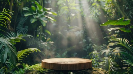 wooden podium placed within a vibrant tropical forest, designed