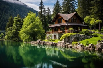 Fototapeta na wymiar Beautiful House in Mountains, Modern Wood Cottage Near Forest Lake