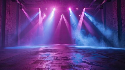 Spotlight on asphalt floor, dark stage with blue and purple neon and lasers for dynamic displays.