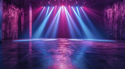 Spotlight shines on asphalt floor of dark stage with blue and purple neon lights and lasers for dynamic displays. - obrazy, fototapety, plakaty