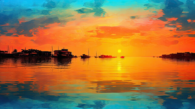 Beautiful painting style illustration of stunning sea sunset with fiery sky and mountains backgroumd