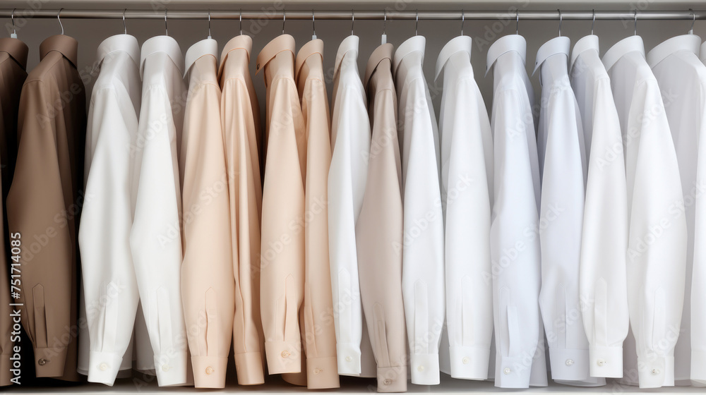 Wall mural Assortment of shirts and blouses in neutral tones hangs on hangers in closet