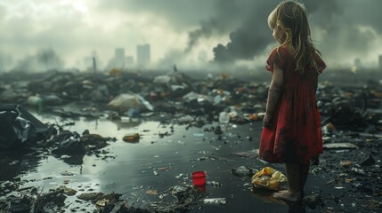 A little girl in a red dress stands in a polluted landscape