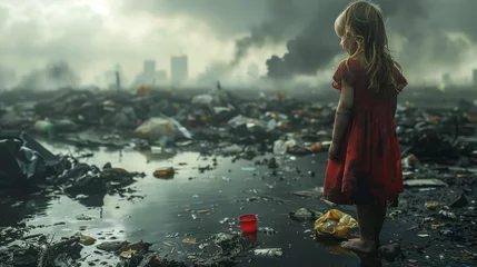Photo sur Plexiglas Kaki A little girl in a red dress stands in a polluted landscape