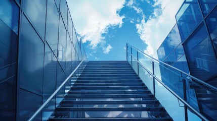 A modern metal staircase against the vast blue sky, showcasing the blend of industrial design and architectural innovation