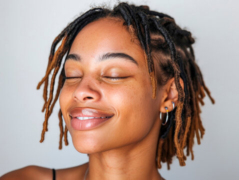 Young black girl with smooth healthy facial skin, gray background. Beautiful African American teenager with dreadlocks, happy face. Concept of advertising beauty, cosmetics for skin care. Copy space.