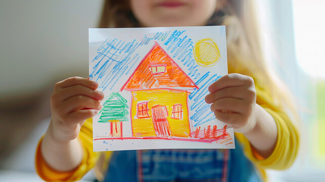 Little girl holding drawing with house. 
