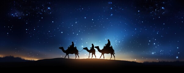 silhouette men riding a camel along the star path - obrazy, fototapety, plakaty