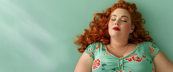 Beautiful size-plus redhead curly-haired woman with bright red lips posing lying on green copy space wall background. Beauty, bodypositive concept