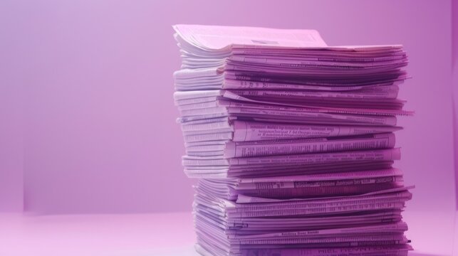 Stack of newspapers on light violet background, copy space. generative AI image