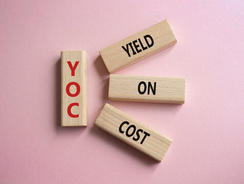 YOC - Yield on Cost. Wooden cubes with word YOC. Beautiful pink background. Business and YOC concept. Copy space.