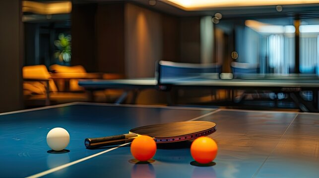 Ping pong table in the gym, set up with rackets and balls, ready for an exciting match. Elevate your fitness routine with active play.