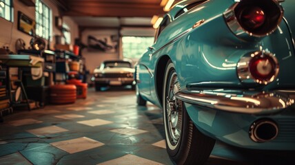 classic cars in a car enthusiast garage retro picture