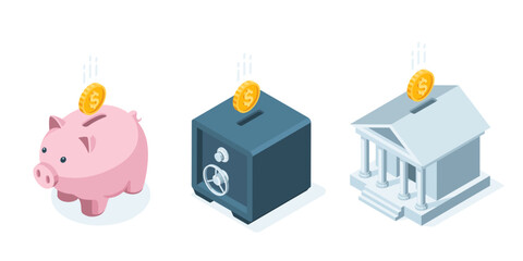 isometric piggy bank with coin, safe and bank building, in color on a white background, banking and financial savings or deposit