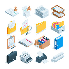isometric set of icons on the theme of working with papers, in color on a white background, a typewriter with folders and documents