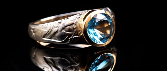 Wedding ring with blue gemstone on a dark background. Perfect for jewelry store advertisements or engagement-related content with Copy Space.