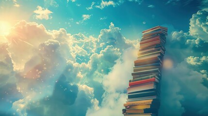 Portrait of stack of books with stairs leading to blue sky and clouds background. generative AI - obrazy, fototapety, plakaty