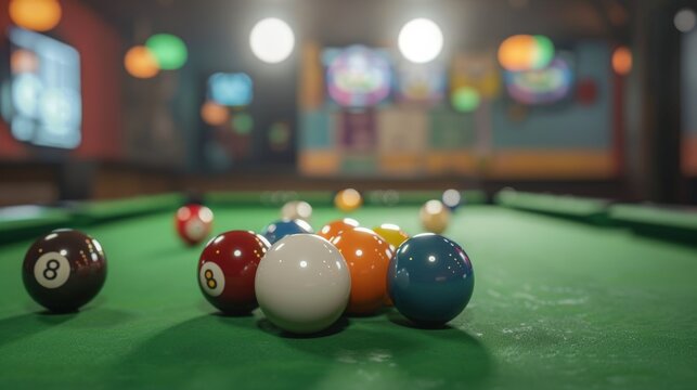 Close up of billiard balls on billiard table with blur background. generative AI image