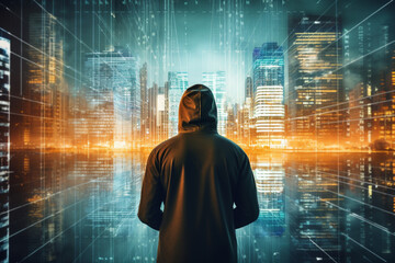 cybersecurity concept. Futuristic double exposure. Unknown man and city overlayed with data. High quality photo