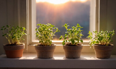 Row of Potted Plants on Window Sill. A row of various potted plants is neatly arranged on the window sill.