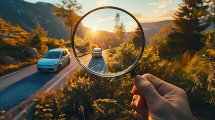 Concept hand holding magnifying glass, capturing car and beautiful mountain views through the glass. - obrazy, fototapety, plakaty