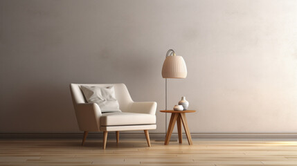 A stylish living room with a minimalist decor featuring a wooden floor, a white armchair, and a black lamp