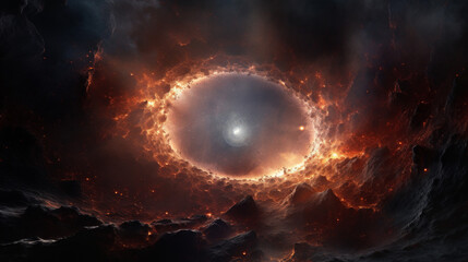 A stunning visualisation of a nebula resembling an eye, encircled by clouds of interstellar dust and gases
